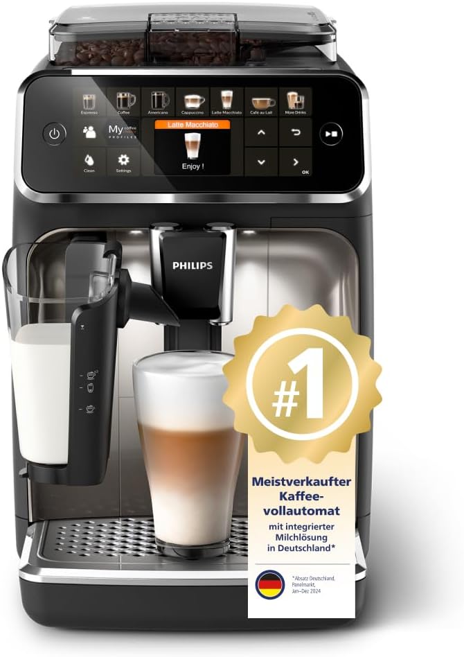 Philips Serie 5400 Kaffeevollautomat (EP5447/90)– LatteGo Milchsystem, 12 Kaffeespezialitäten, Intuitives Display, 4 Benutzerprofile, Chrom